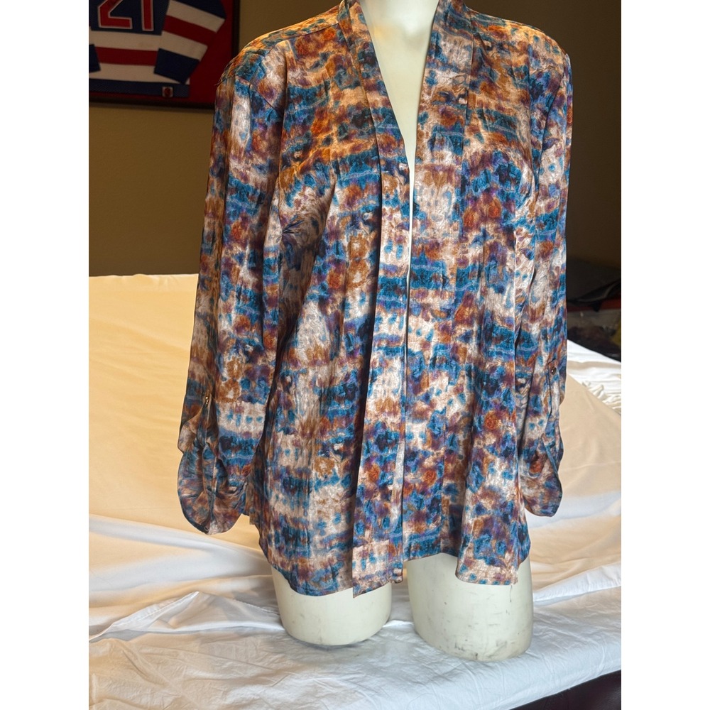 Investments Women Large Abstract Tie Dye Open Front Roll Tab Sleeve Cardigan Top